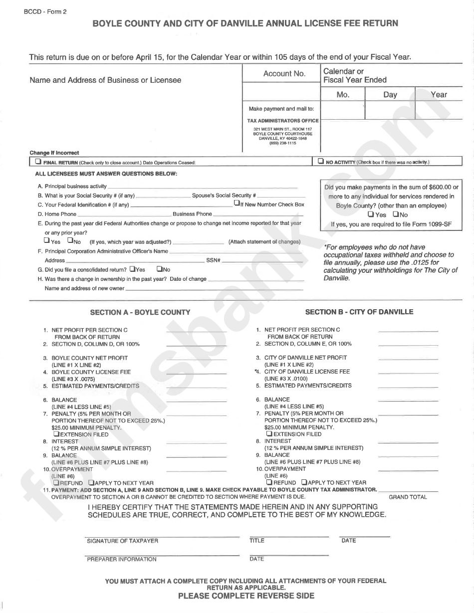 Bccd Form 2 Boyle County And City Of Danville Annual License Fee
