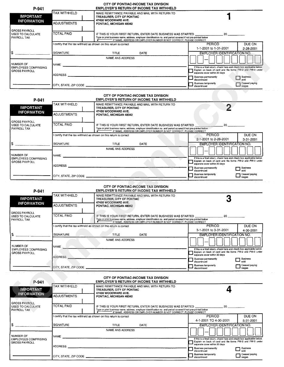Form P941 Employer'S Return Of Tax Withheld City Of Pontiac