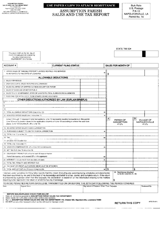 Assumption Parish Sales And Use Tax Report Form 2001 printable pdf download