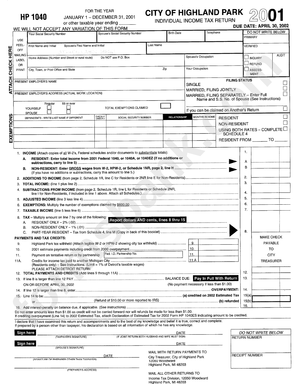 Form Hp 1040 City Of Highland Park Tax Return 2001 printable