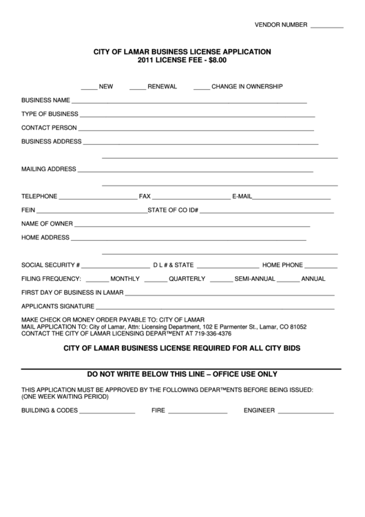 City Of Lamar Business License Application Form 2011 printable pdf