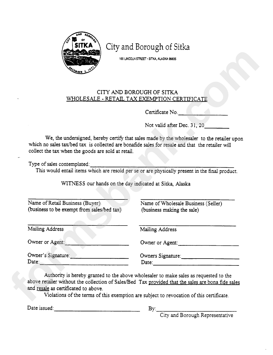 Wholesale Retail Tax Exemption Certificate Form printable pdf download