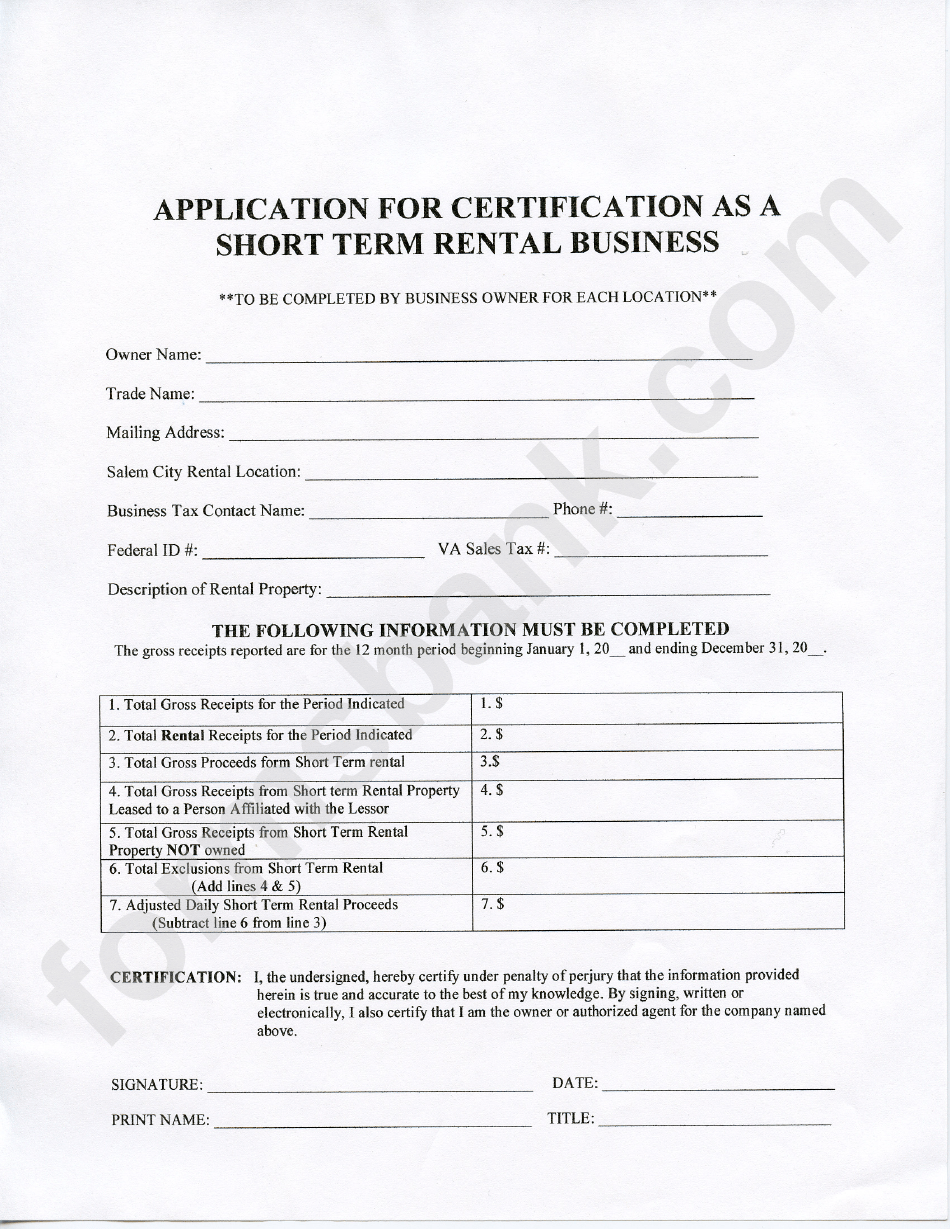 Application For Certification As A Short Term Rental Business printable