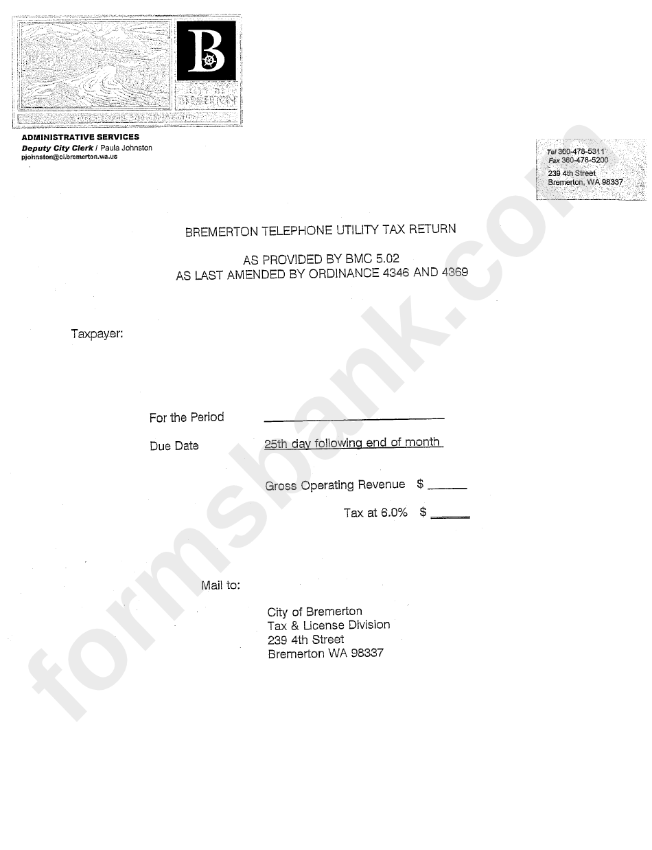 Bremerton Telephone Utility Tax Return Form printable pdf download