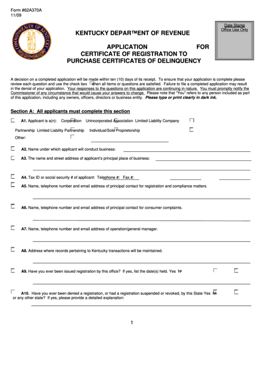 Form 62a370a Application For Certificate Of Registration To Purchase