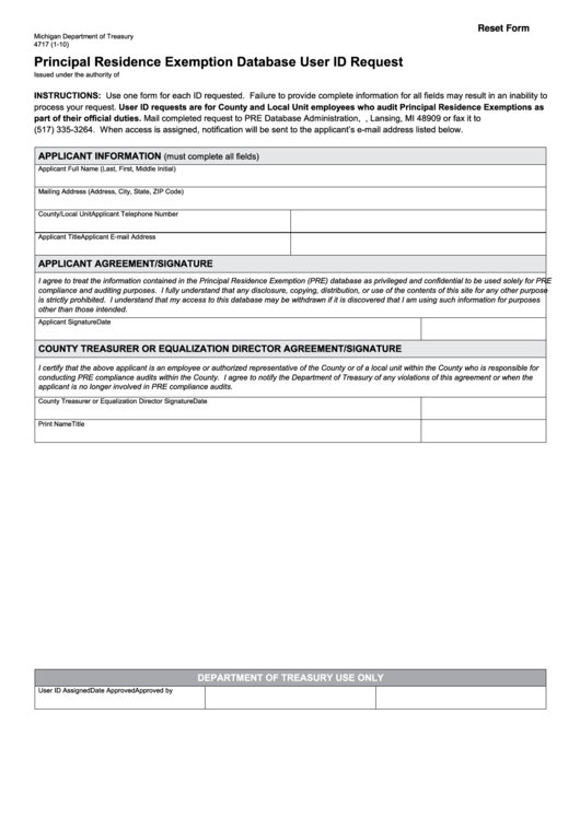 Fillable Form 4717 Principal Residence Exemption Database User Id