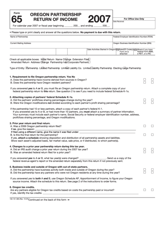 Fillable Form 65 Oregon Partnership Return Of 2007 printable