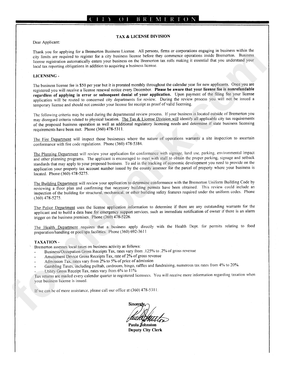 Tax & License Division City Of Bremerton printable pdf download