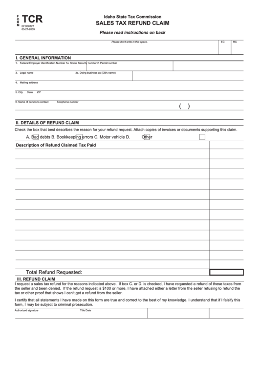 Form Tcr Sales Tax Refund Claim printable pdf download