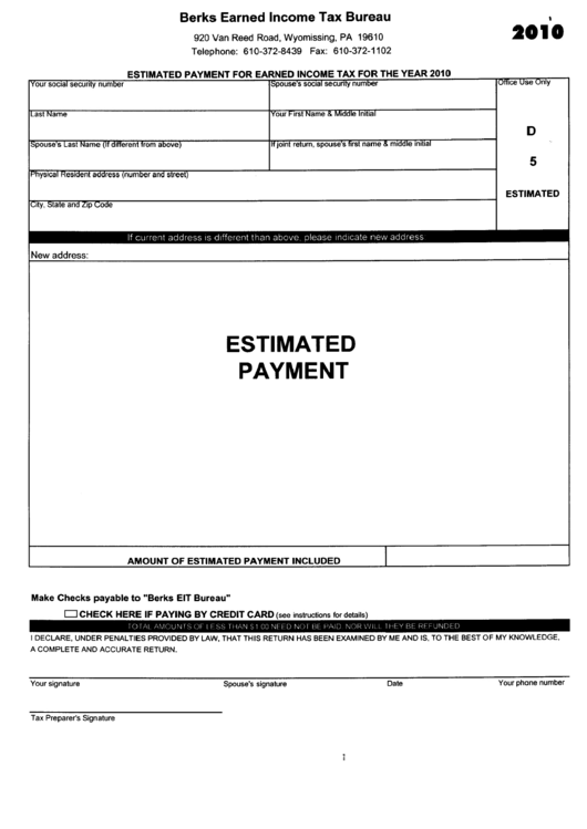 Estimated Payment For Earned Tax Form For The Year 2010