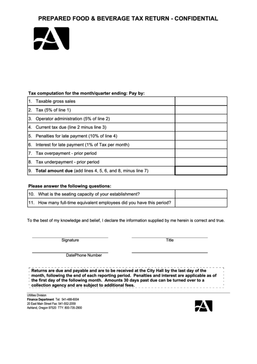 Prepared Food & Beverage Tax Return Form printable pdf download