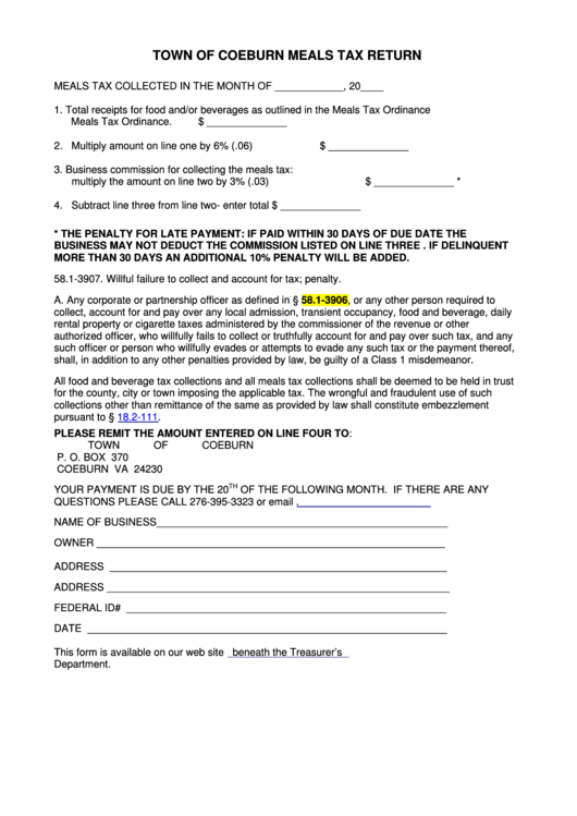 Town Of Coeburn Meals Tax Return Form printable pdf download