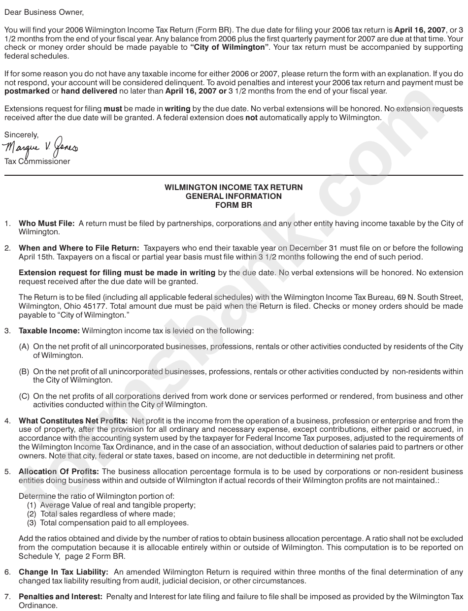 Instructions For Form Br Wilmington Tax Return printable pdf