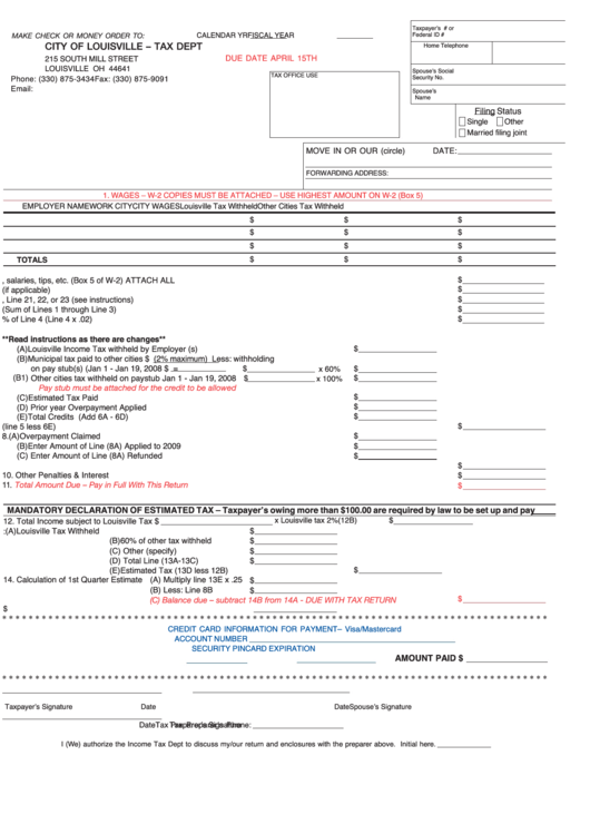 Ohio Tax Form City Of Louisville Tax Dept printable pdf download