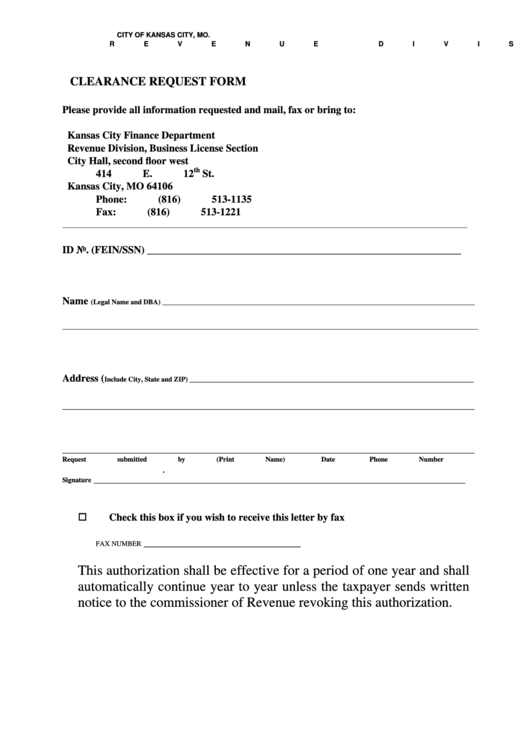 Clearance Request Form City Of Kansas City, Mo. Revenue Division