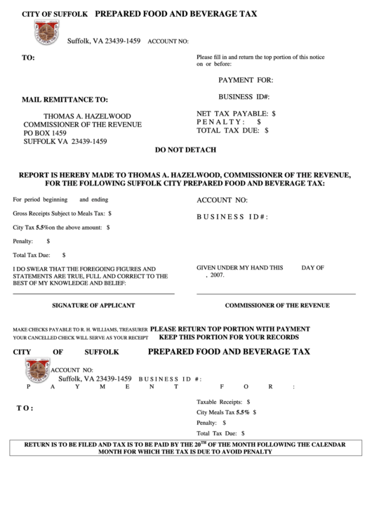 Prepared Food And Beverage Tax City Of Suffolk printable pdf download