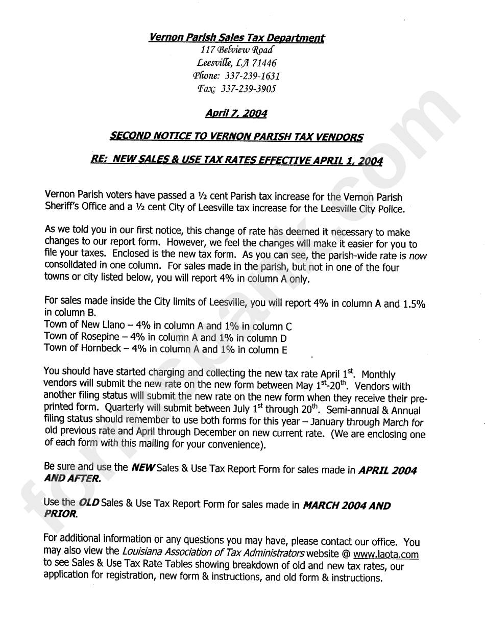 Vernon Parish Sales / Use Tax Instruction For Completing Consolidated