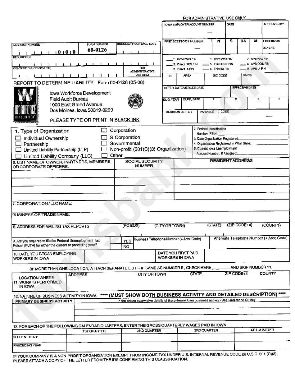 Form 60-0126 - Report To Determine Liability printable pdf download