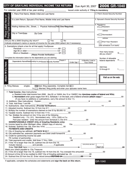 Form Gr1040 City Of Grayling Individual Tax Return 2006 printable pdf download