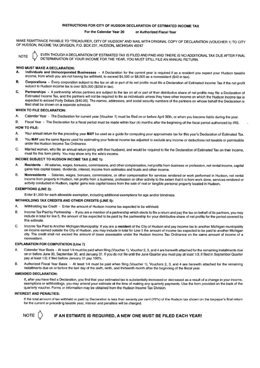 Instructions For City Of Hudson Declaration Of Estimated Tax
