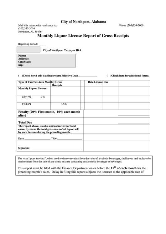 Monthly Liquor License Report Of Gross Receipts Form City Of