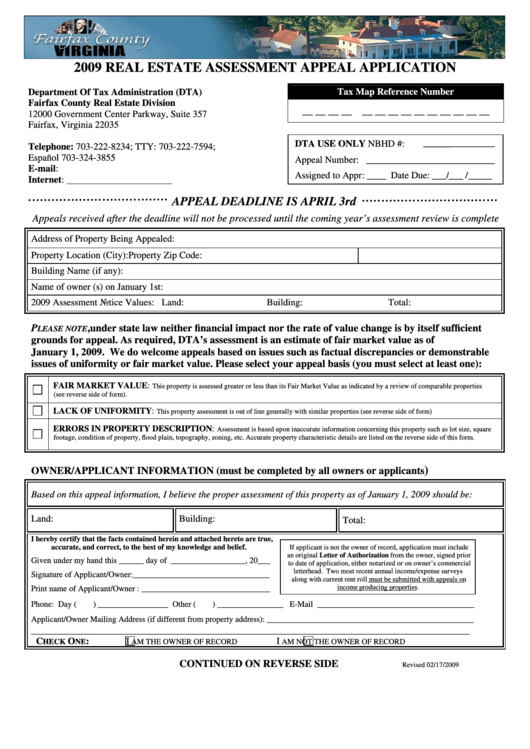 Fillable 2009 Real Estate Assessment Appeal Application Virginia