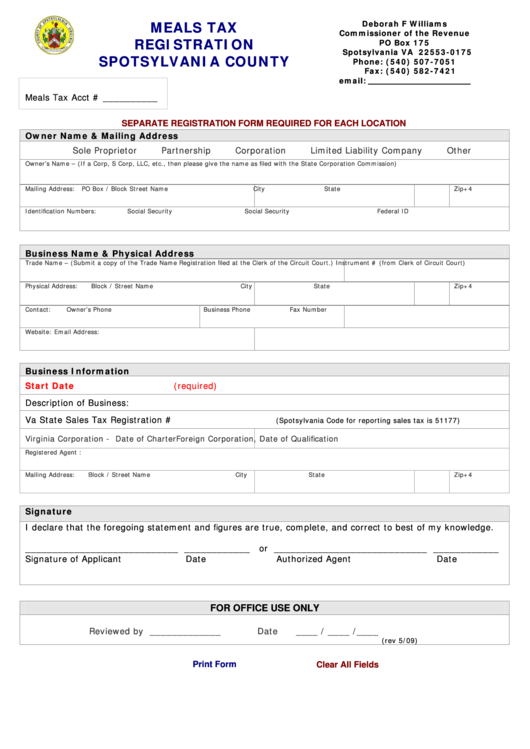 Fillable Meals Tax Registration Spotsylvania County Form printable pdf