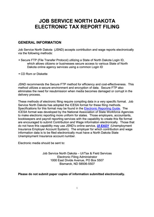 Job Service North Dakota Electronic Tax Report Filing printable pdf