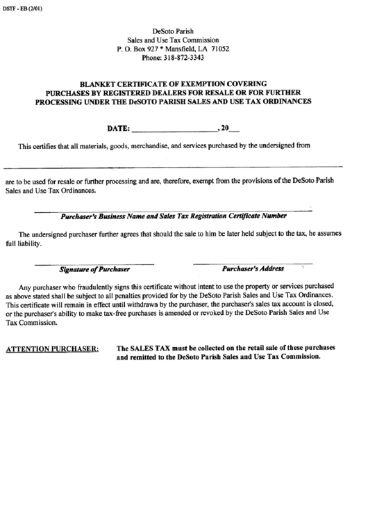 Form Dstf Eb Blanket Certificate Of Exemption Coverig Purchases By