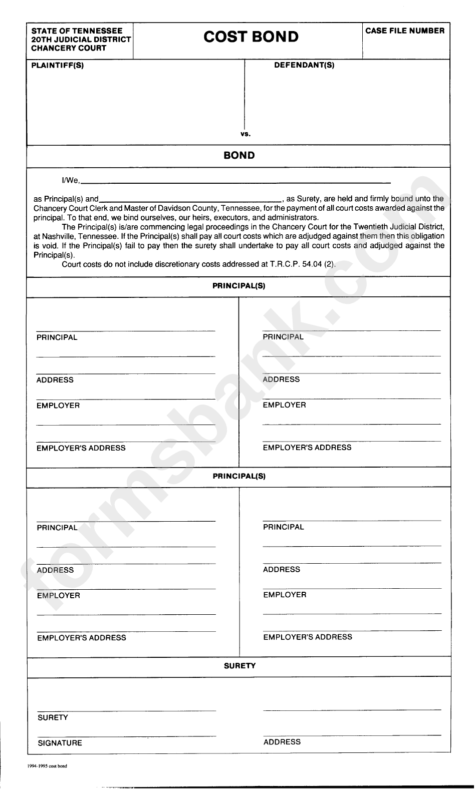 Cost Bond Form State Of Tennessee printable pdf download