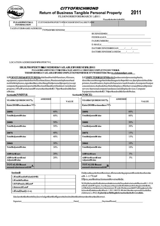 Return Of Business Tangible Personal Property Form 2011 City Of