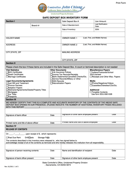 Fillable Safe Deposit Box Inventory Form State Controller'S Office printable pdf download