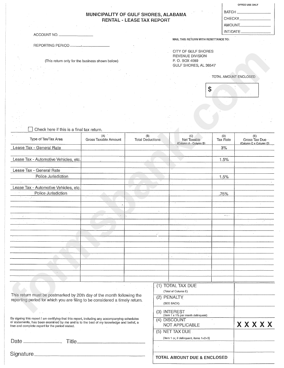 RentalLease Tax Report Form Municipality Of Gulf Shores printable