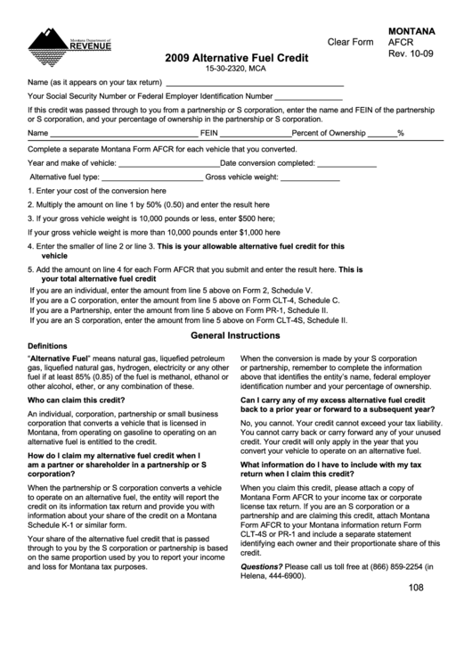 Fillable Form Afcr Alternative Fuel Credit 2009 printable pdf download