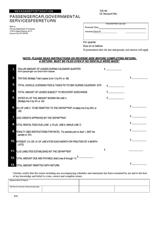 Passenger Car, Governmental Services Fee Return Nevada Dept Of Taxation 2009 printable pdf