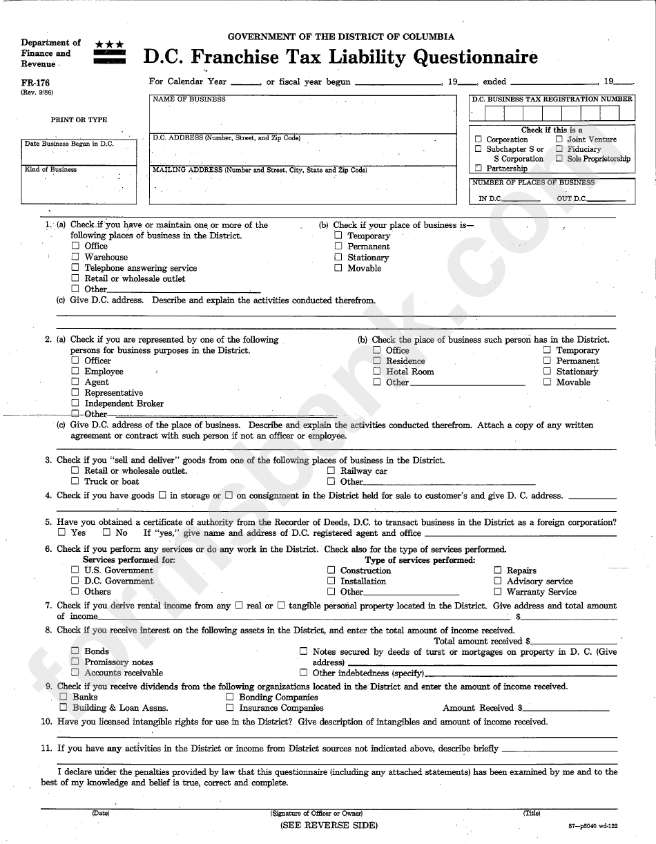 Form Fr176 D.c. Franchise Tax Liability Questionnaire printable pdf