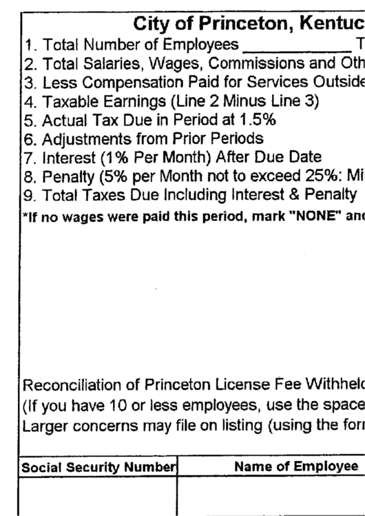 Payroll Tax Year End Return Form City Of Princeton, Kentucky