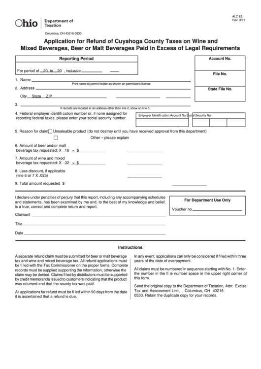 Form Alc 82 Application For Refund Of Cuyahoga County Taxes On Wine