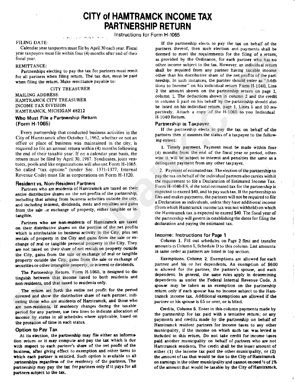 City Of Hamtramck Tax Partnership Return Instructions For Form