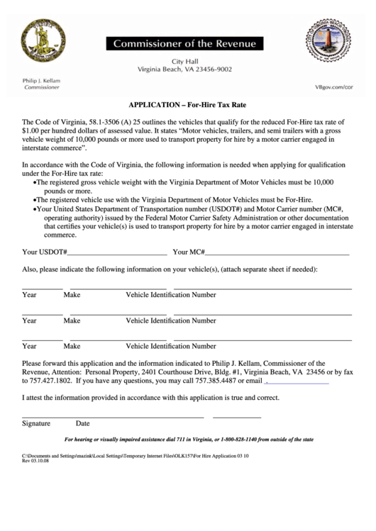 Application ForHire Tax Rate Form printable pdf download