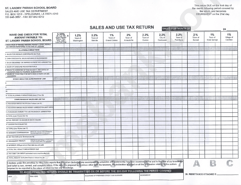 Sales / Use Tax Return Form St. Laundry Parish printable pdf download