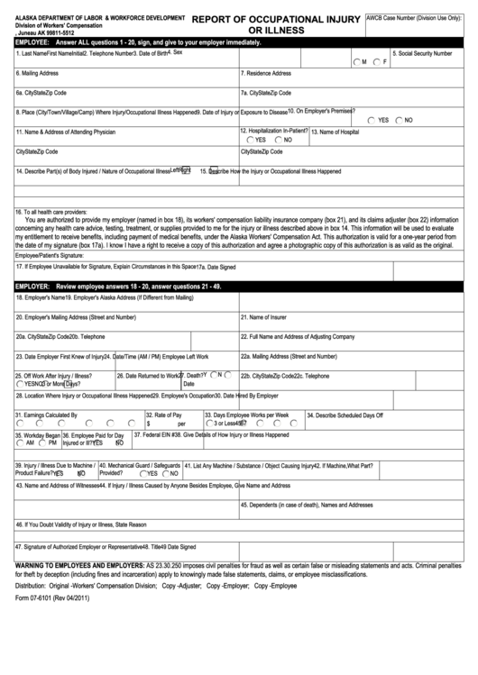 Fillable Form 076101 Report Of Occupational Injury Or Illness