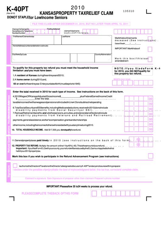 Form K40 Pt Kansas Property Tax Relief Claim For Low Seniors