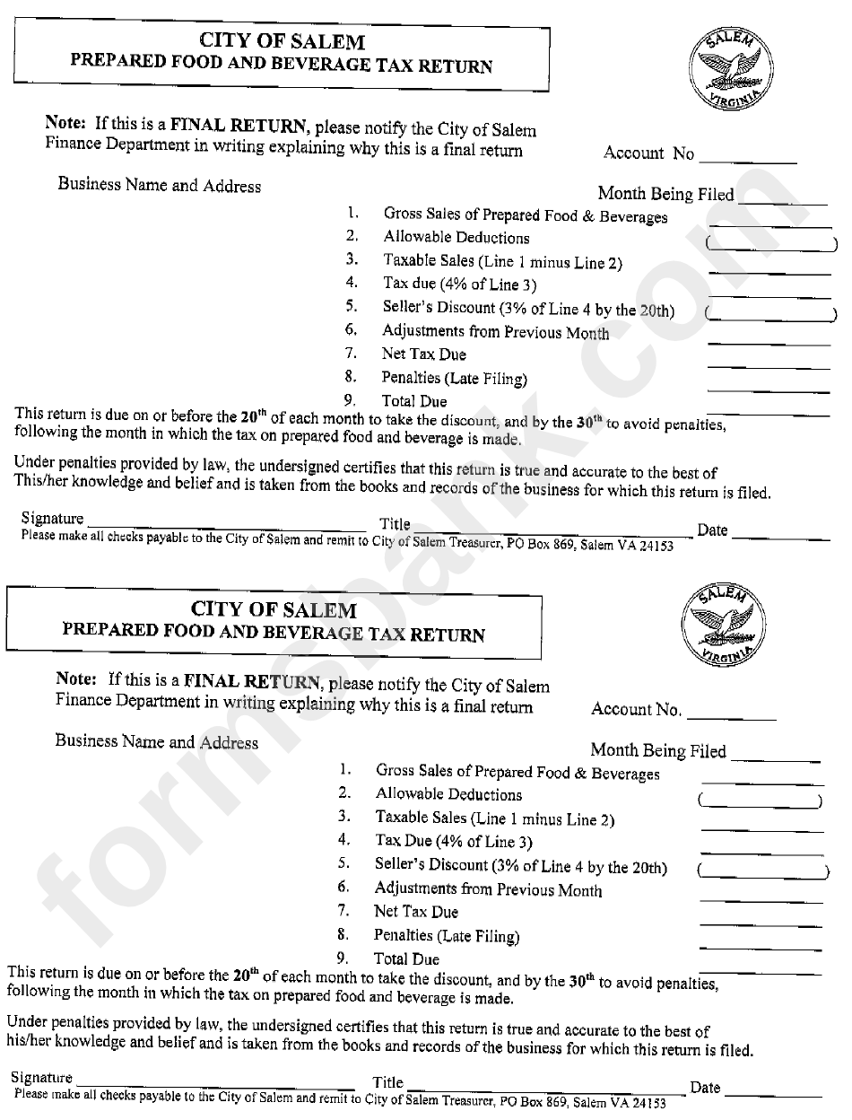 Prepared Food And Beverage Tax Return Form City Of Salem printable