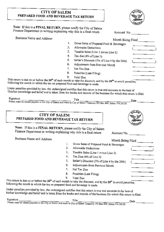Prepared Food And Beverage Tax Return Form City Of Salem printable