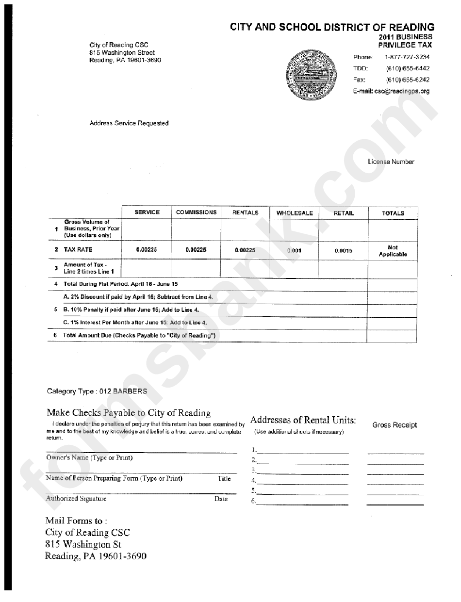 Business Privilege Tax Form City And School District Of Reading