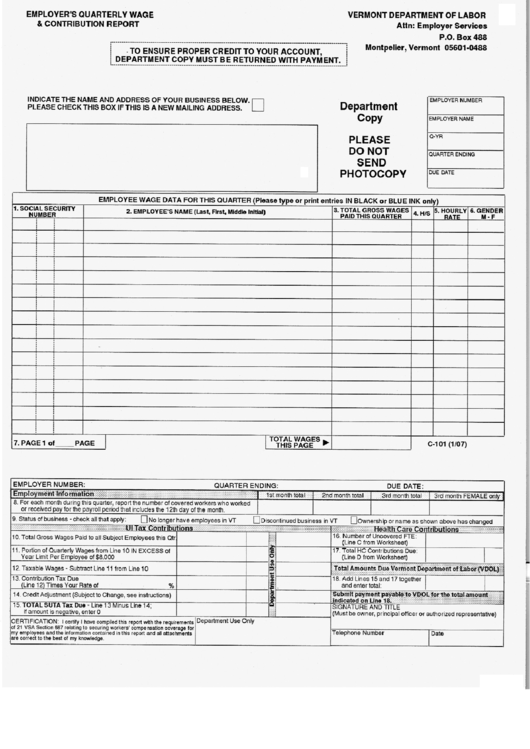 Fillable Employer'S Quarterly Wage & & Contribution Report Vermont