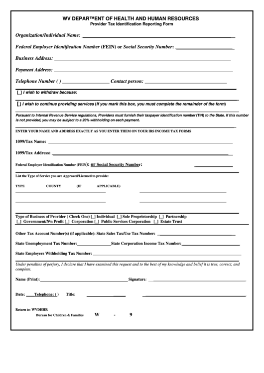 Form W9 Provider Tax Identification Reporting Form printable pdf