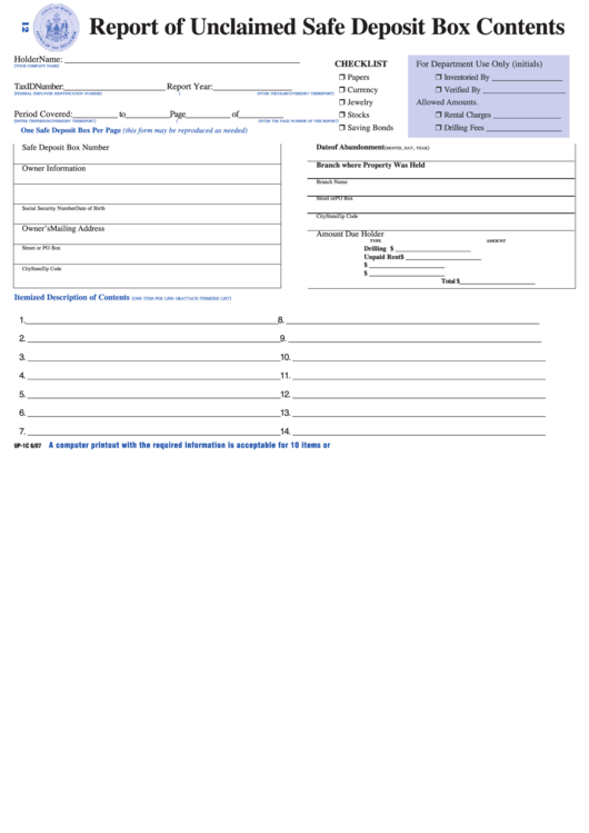 Form Up1c Report Of Unclaimed Safe Deposit Box Contents printable