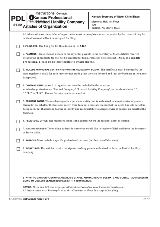 Form Pdl 5122 Kansas Professional Limited Liability Company Articles